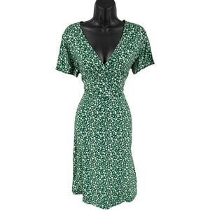 Green Floral Faux Wrap Midi Dress Short Sleeve Flowy Large
